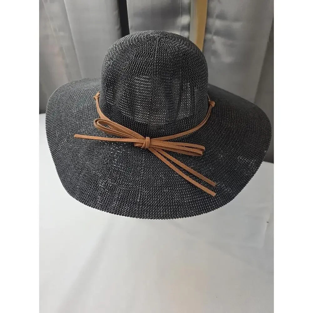 Women's Wide Brim Hat‎ BoHo Festival Brown Faux Leather Band Adjustable EUC